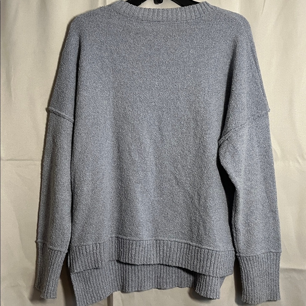 Mock Neck Raw Edge Drop Shoulder Side Button Sweater Gray Blue Size XL - Picture 2 of 4